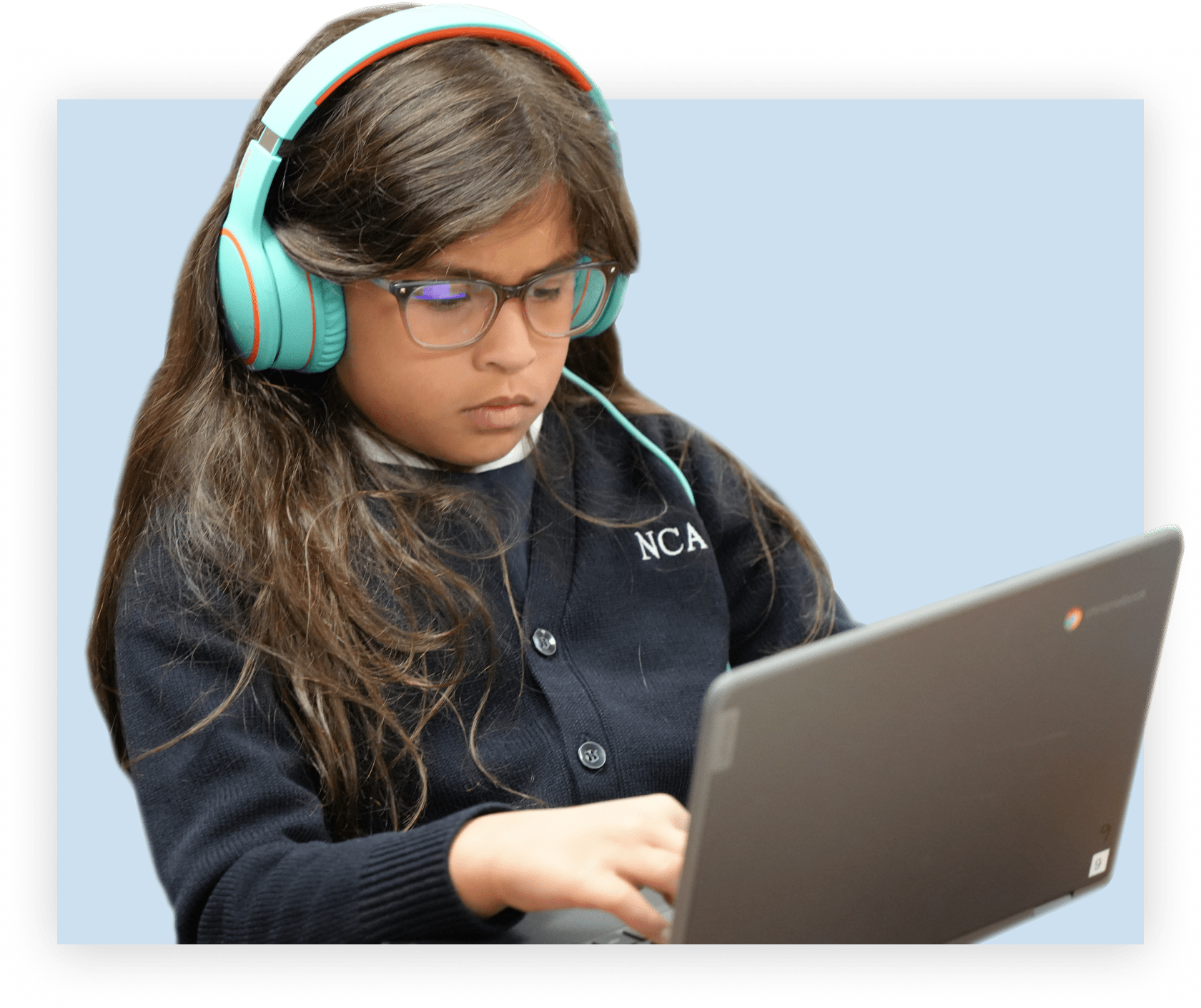 Student with headphones listening to music